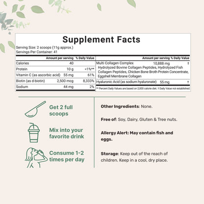Micro Ingredients Multi Collagen Peptides Powder - Hydrolyzed Protein Peptides (Type I,II,III,V,X) with Hyaluronic Acid, Biotin & Vitamin C Unflavored